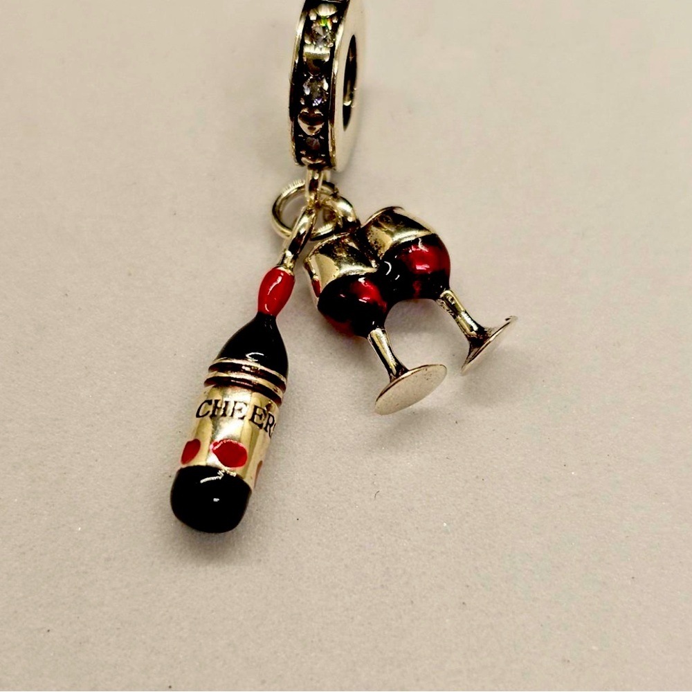 Sterling Silver Wine Bottle & Glasses Bracelet Charm – Cheers Celebration Design